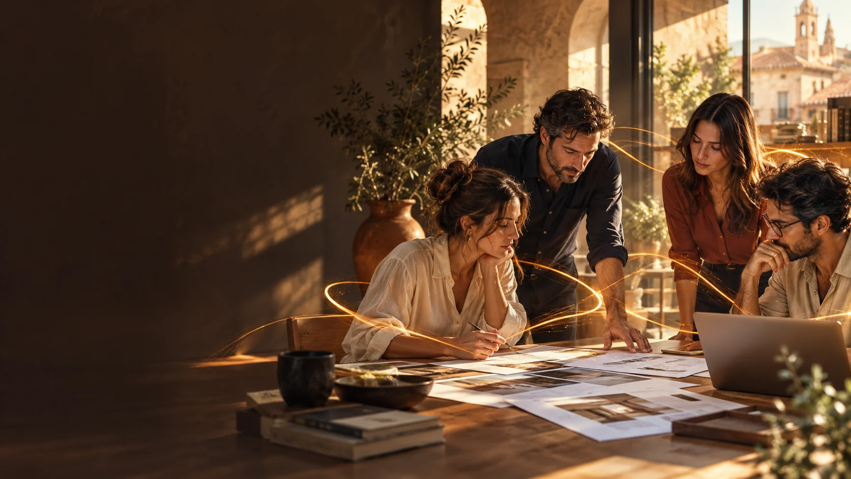 Escena conceptual de personas colaborando en un espacio de trabajo cálido