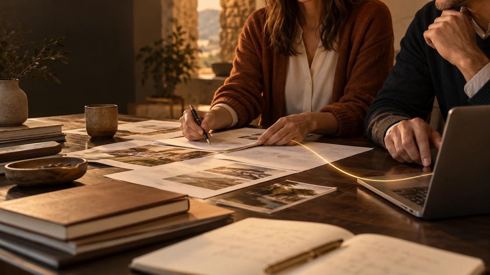 Dos personas trabajando juntas sobre documentos y un portátil en un espacio cálido